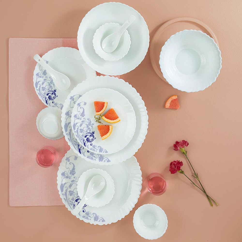 Larah by Borosil Blue Eve Silk Series Opalware Dinner Set, 35 Pieces, White