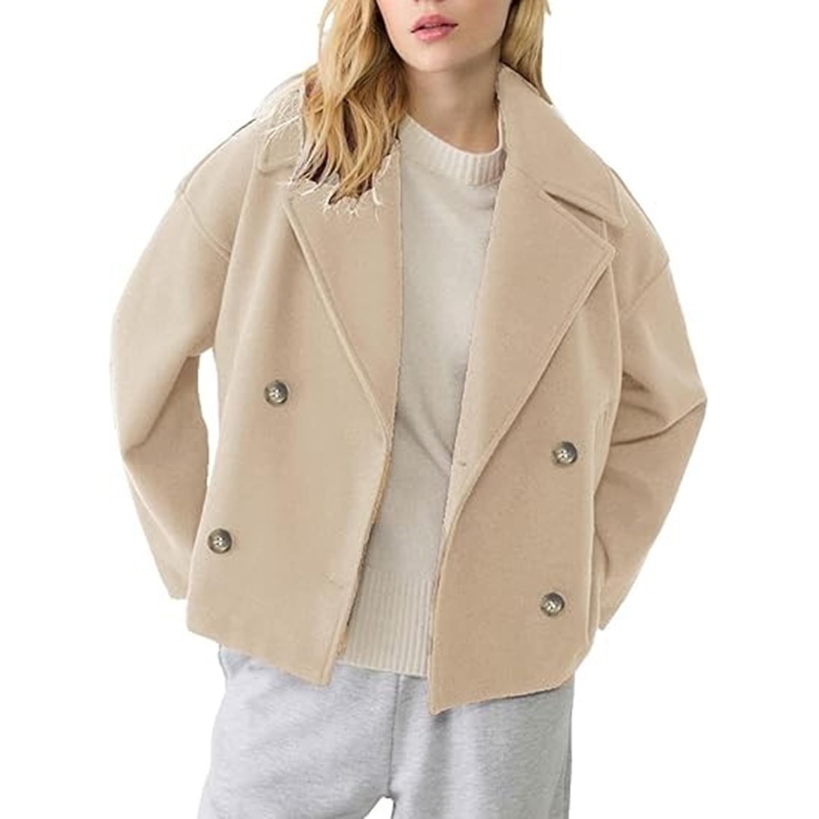 Kurzmantel Damen Elegant Übergang Mantel Winter Zweireihig Kurzer Trenchcoat Wolle Wintermantel Damen Kurz Warm Wollmantel Winter Crop Revers Winterjacke Damenmantel mit Taschen Kurztrench