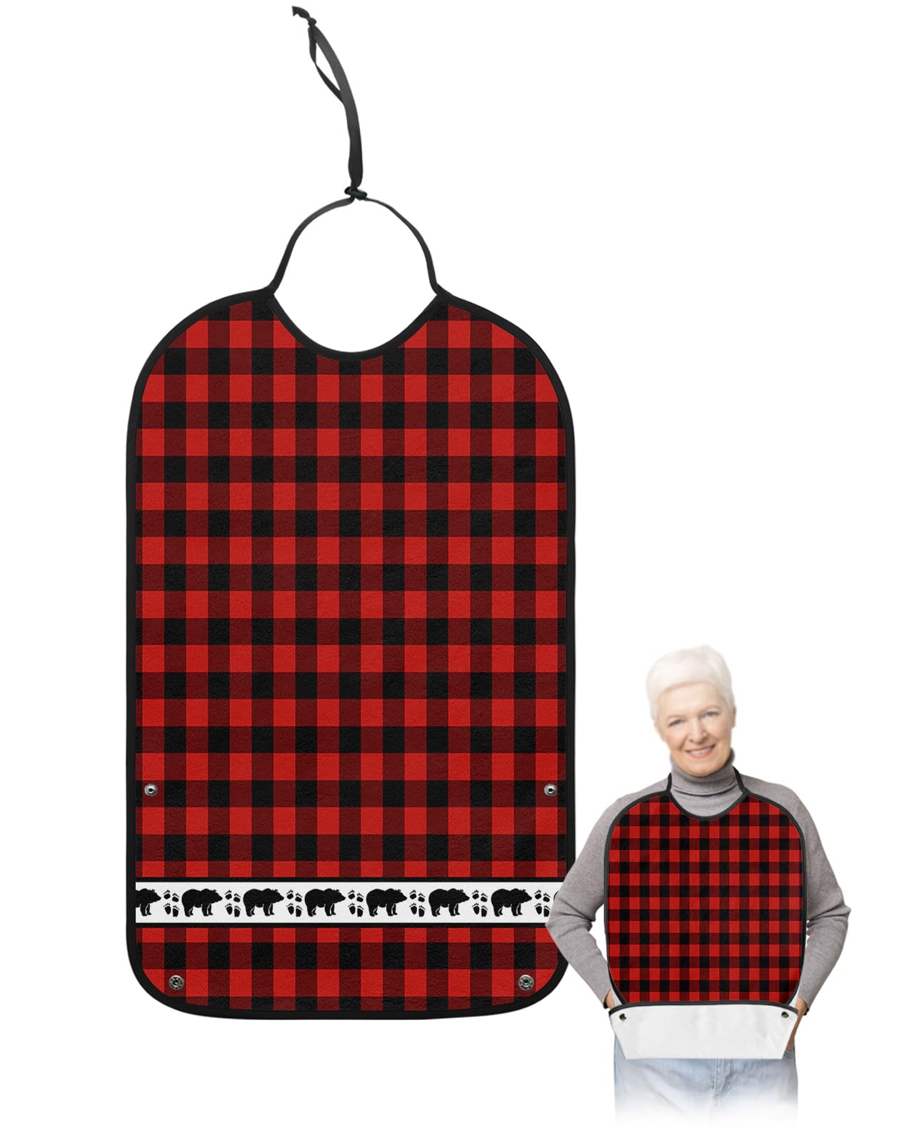 Red Black Plaid Bear Adult Bibs for Eating, Waterproof Bibs with Food Catcher & Adjustable Snap Closure, Forest Wild Bear Silhouette Washable Clothing Protectors Adult Bibs for Elderly Women/Men