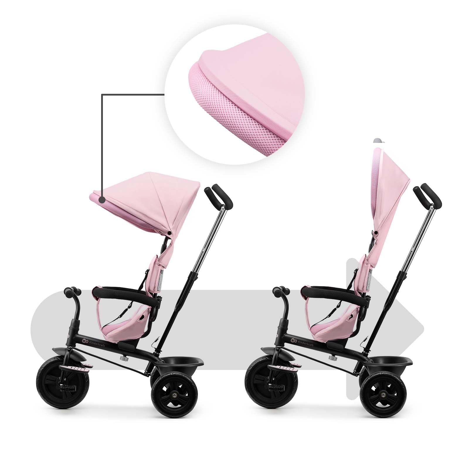 Kinderkraft FREEWAY 2, Triciclo Evolutivo per Bambini, Seduta Girevole a 360°, Pedali Liberi, Cintura a 3 Punti, Freno Centrale, 9 Mesi-5 Anni, Rosa