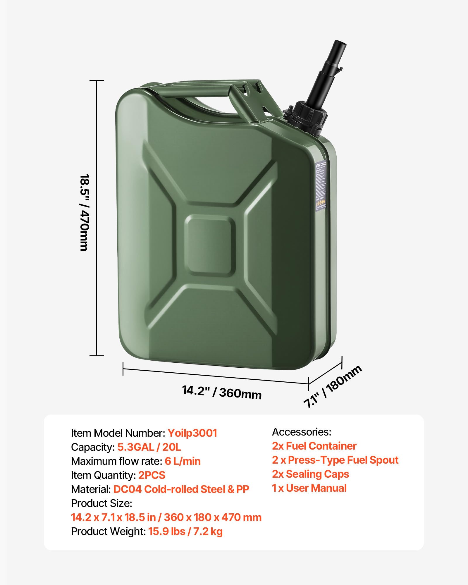 VEVOR Bidón de Gasolina de 20 L, Tanque de Combustible de Metal y PP con Pico y Asa, Caudal Máximo de 6 L/min, a Prueba de Fugas, para la Mayoría de Autos, Motocicletas, ATV, UTV, Verde, 2 Piezas