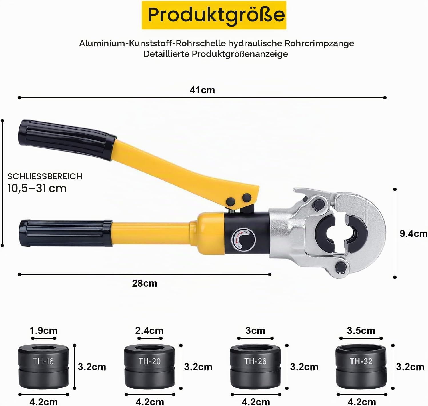 Hydraulische Rohrcrimpzange, Druckrohrzange Crimpzange, Verbundrohr TH Profil Rohrcrimpzange für Aluminium-Kunststoffrohre mit TH 16 20 26 32mm² Profil.