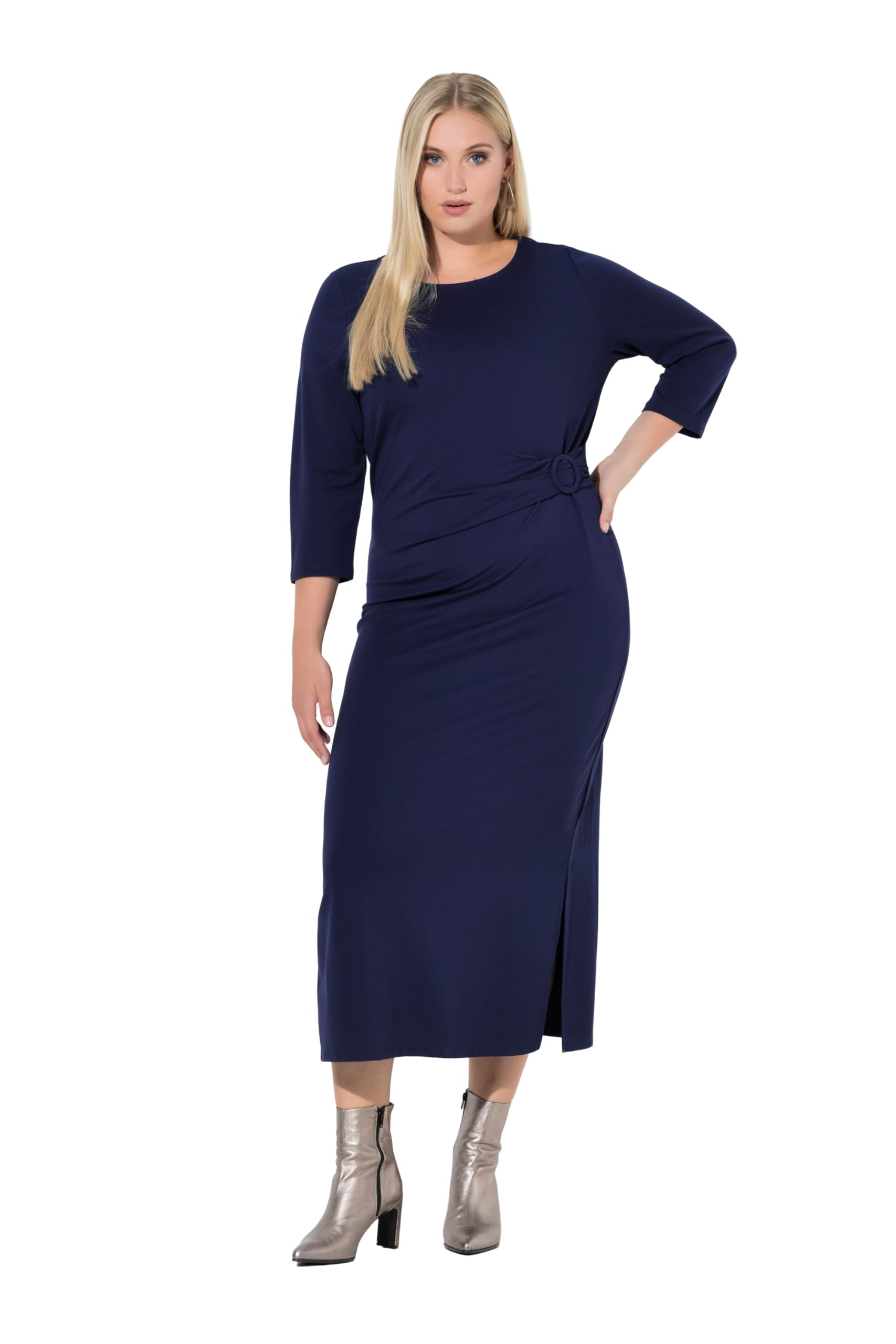 Ulla Popken Damen große Größen Übergrößen Plus Size Punto-Midikleid, drapiert, U-Boot-Ausschnitt, 3/4-Arm 845705