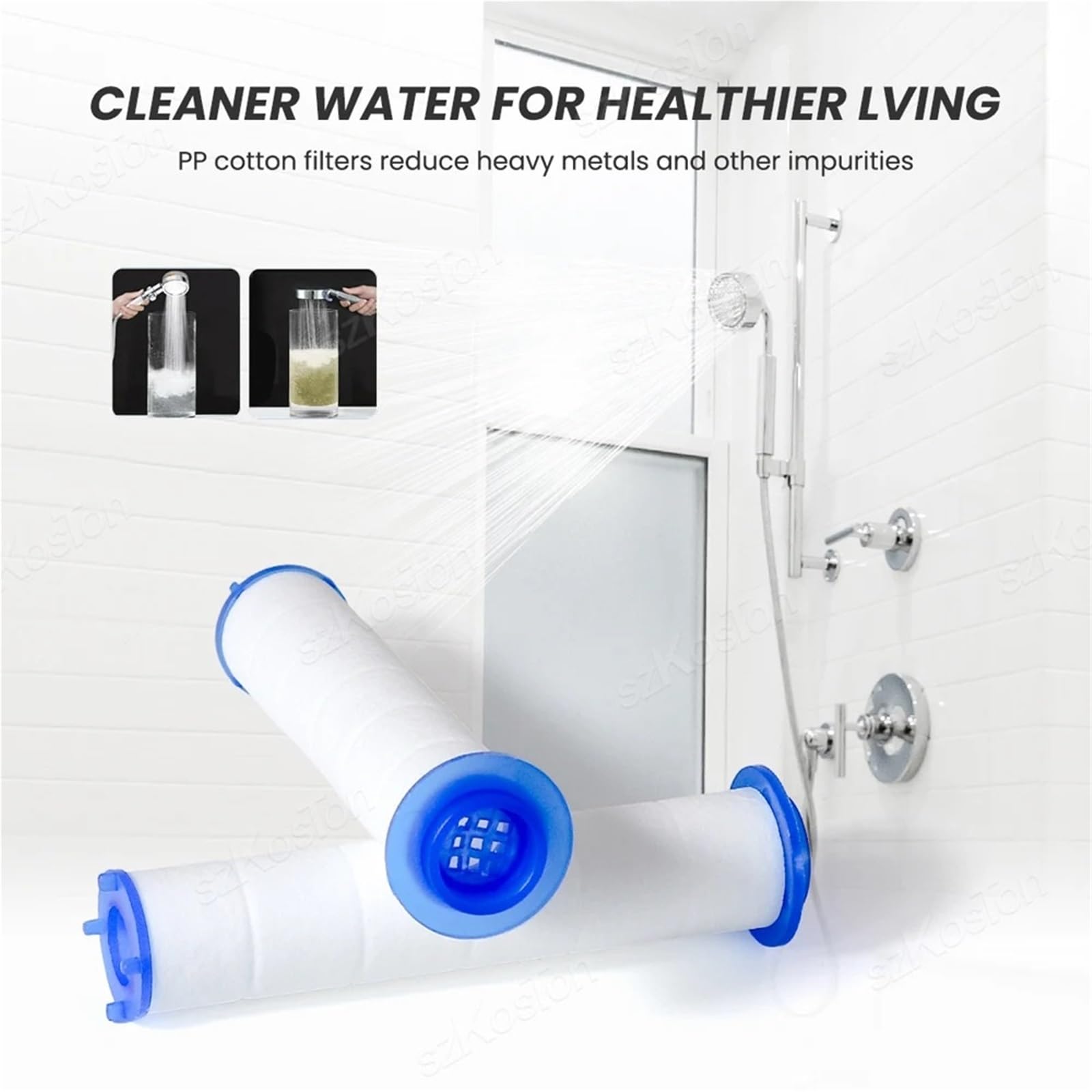 Cartucho de filtro algodón PP repuesto for cabezal ducha, purificación agua dura, pulverizador baño mano, 5-50 Uds(50PC White)