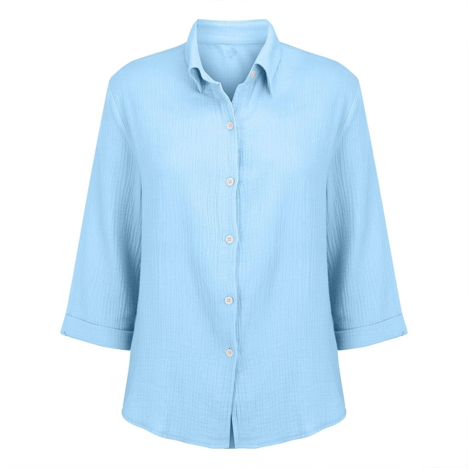 Camicetta da donna in mussola con maniche a 3/4, in cotone e lino, estiva | Maglietta per il tempo libero, casual, con bottoni, classica, estiva, leggermente ariosa