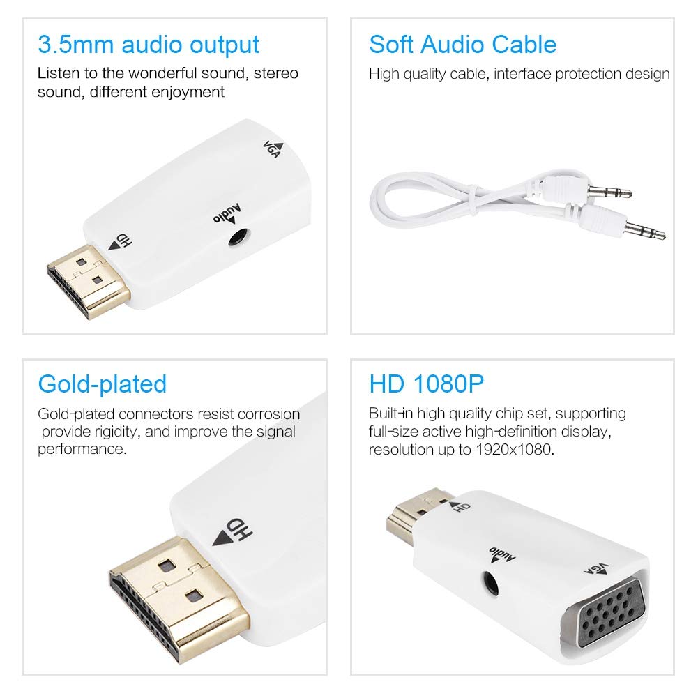 Sonew Adapter konwertera HD 1080P HDMI żeński na VGA z kablem wyjściowym audio 3,5 mm do PC/laptopa/DVD/pulpitu/płaskiego panelu/cyfrowego odtwarzacza STB/(biały)