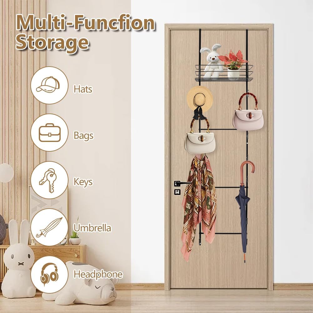 Over The Door Purse Organizer, Hanging Purse Organizer, Wall-Mounted Handbag Storage Rack with 16 Hooks & Metal Basket, Space-Saving 2-in-1 Bag Rack for Door, Closet