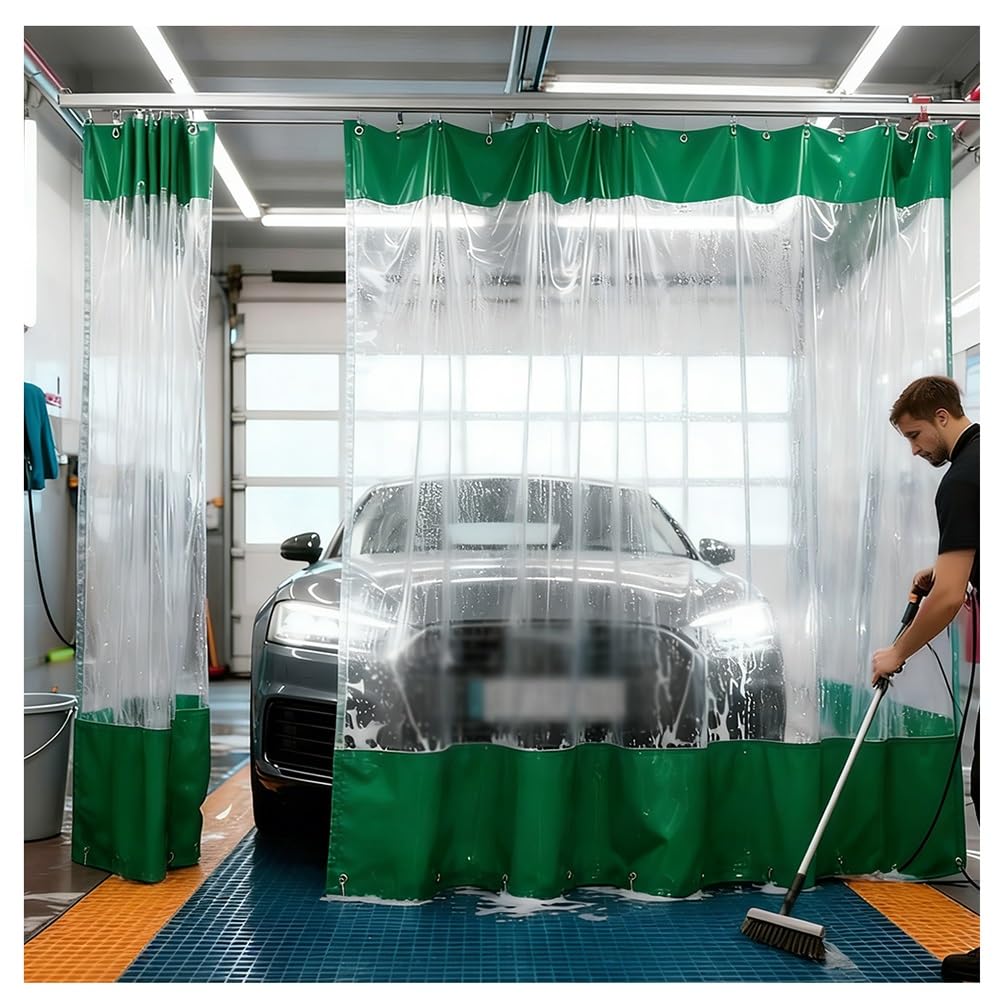 GJMSSMY Industrial Wash Bay Curtains with Eyelets, 0.6mm Clear Waterproof PVC Tarpaulin Side Panels, Garage Divider Curtains Push-Pull Partition Curtain, for Factory Workshop(Green,5x3m/16.4x9.8ft)