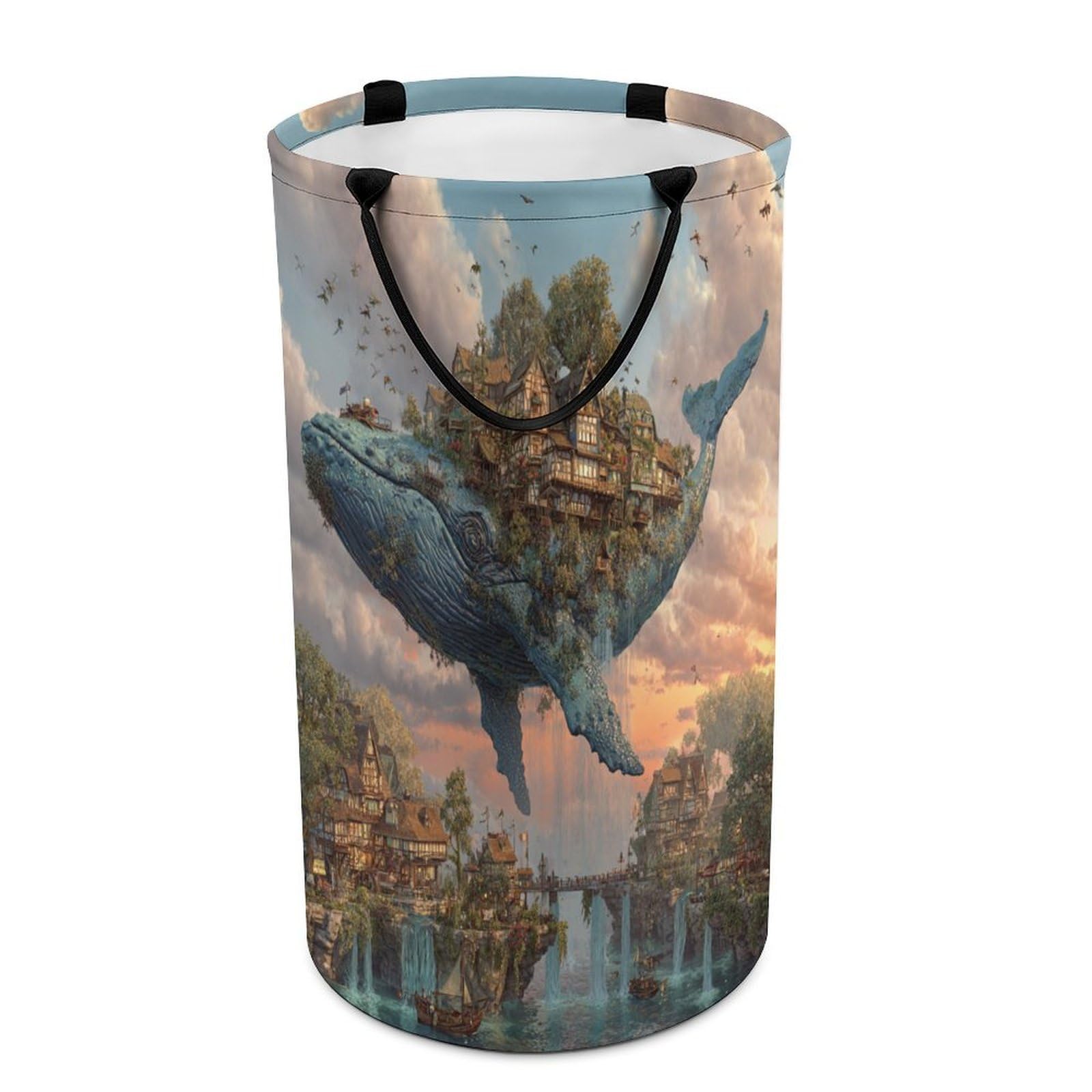 LUYYSKY Beautiful Classic Animal Whale Versatile Storage Laundry Basket, Modern Abstract Nautical Fairy City Sea Life Whale Bird Large Bathroom Laundry Hamper With Handle-40 CM Dia, 69 CM High