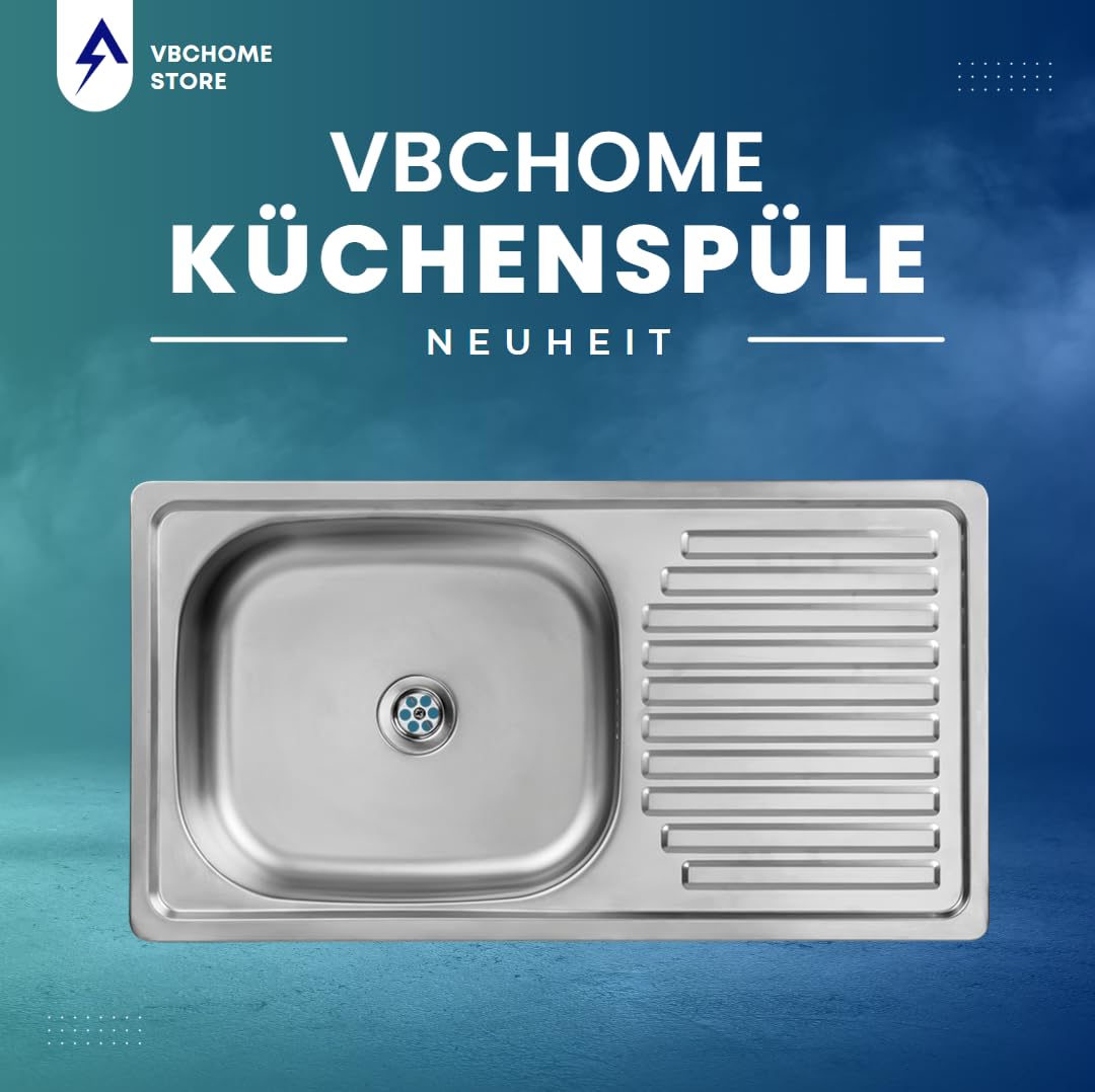 VBChome Edelstahlspüle 75x40x14 cm Edelstahl Glatt Küchenspüle ohne Hahnloch Spüle Reversibel Pflegeleichte Abtropffläche Camping Ablaufgarnitur Siphon