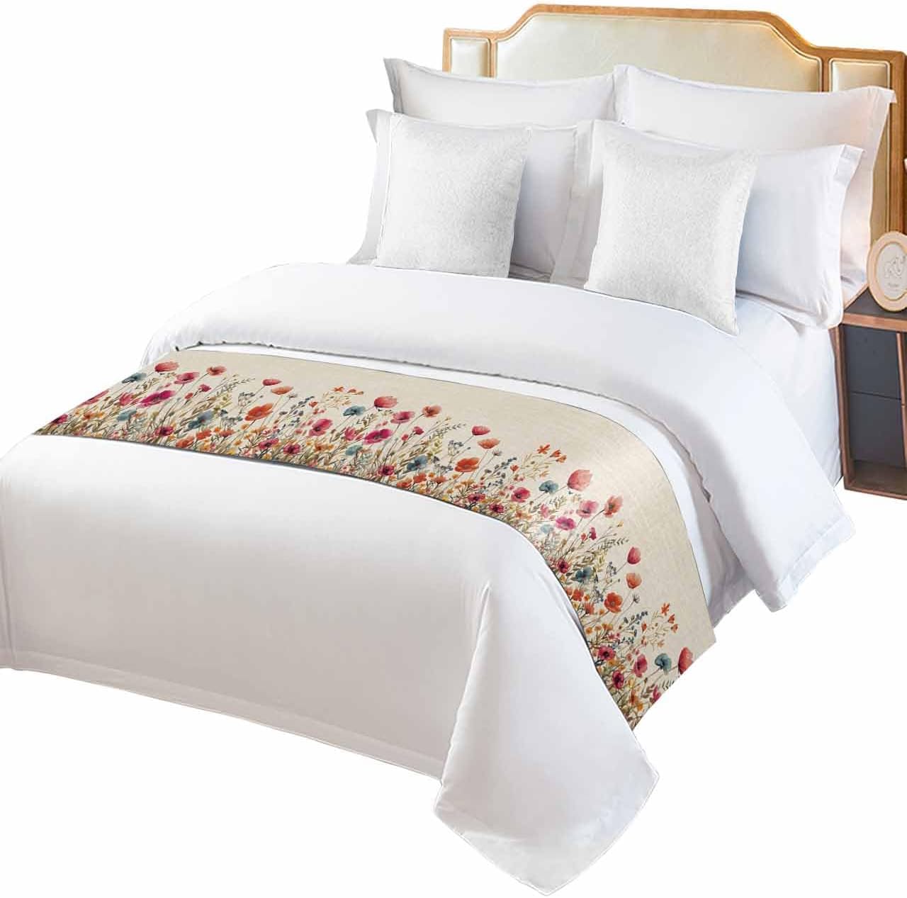 Watercolor Blossom Garden Flower Bed Runners for Bedroom Hotel,Decorative Bedding Scarf Botanical Floral on Burlap Bed End Blanket Bedding Runner Scarves for Queen Size Bed,94x20in