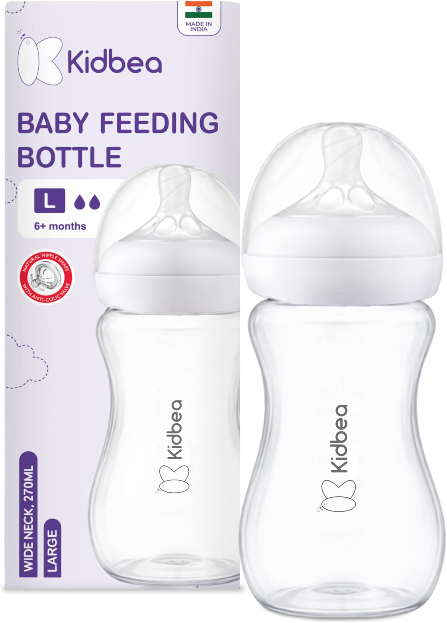 Plastic Baby Feeding Bottle 270ml, BPA Free, Wide Neck Anti Colic with Natural Breast Shaped Nipple, Leak Proof Infant Feeding Bottle (Pack of 1)