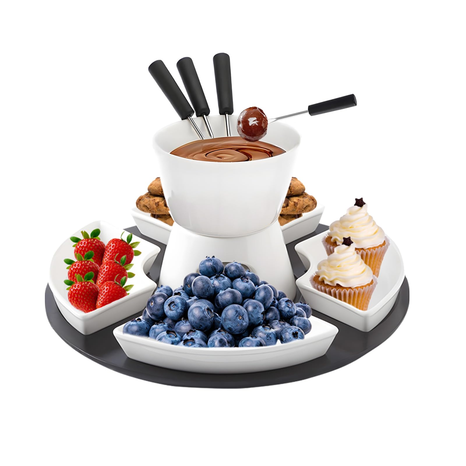 Ceramiczny zestaw do fondue czekoladowego, 300 ml, czekoladowe fondue z 4 talerzami ceramicznymi i 4 widelcami, podgrzewane jedną świecą, kolor biały, obracany czekoladowy fondue, zestaw