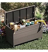 150 Gallon Outdoor Wicker Storage Box,Waterproof Deck Box with Wheels and Pneumatic Rod,Portable ...