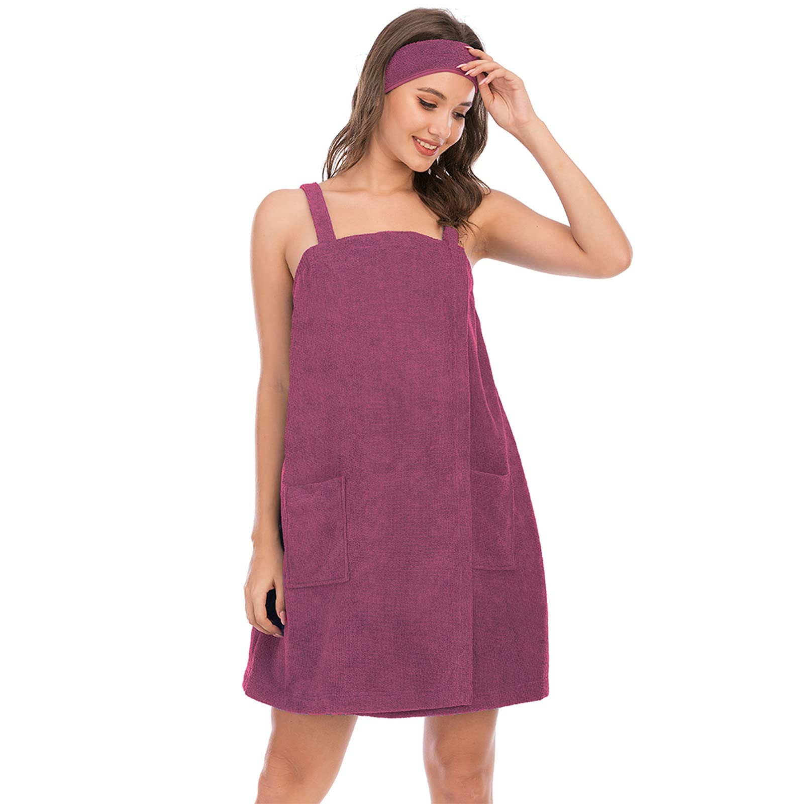 Jamron Womens Adjustable Towel Wraps Bathrobe With Headband for Gym Shower Spa & Beach Cover Ups Fuchsia XL - Image 2
