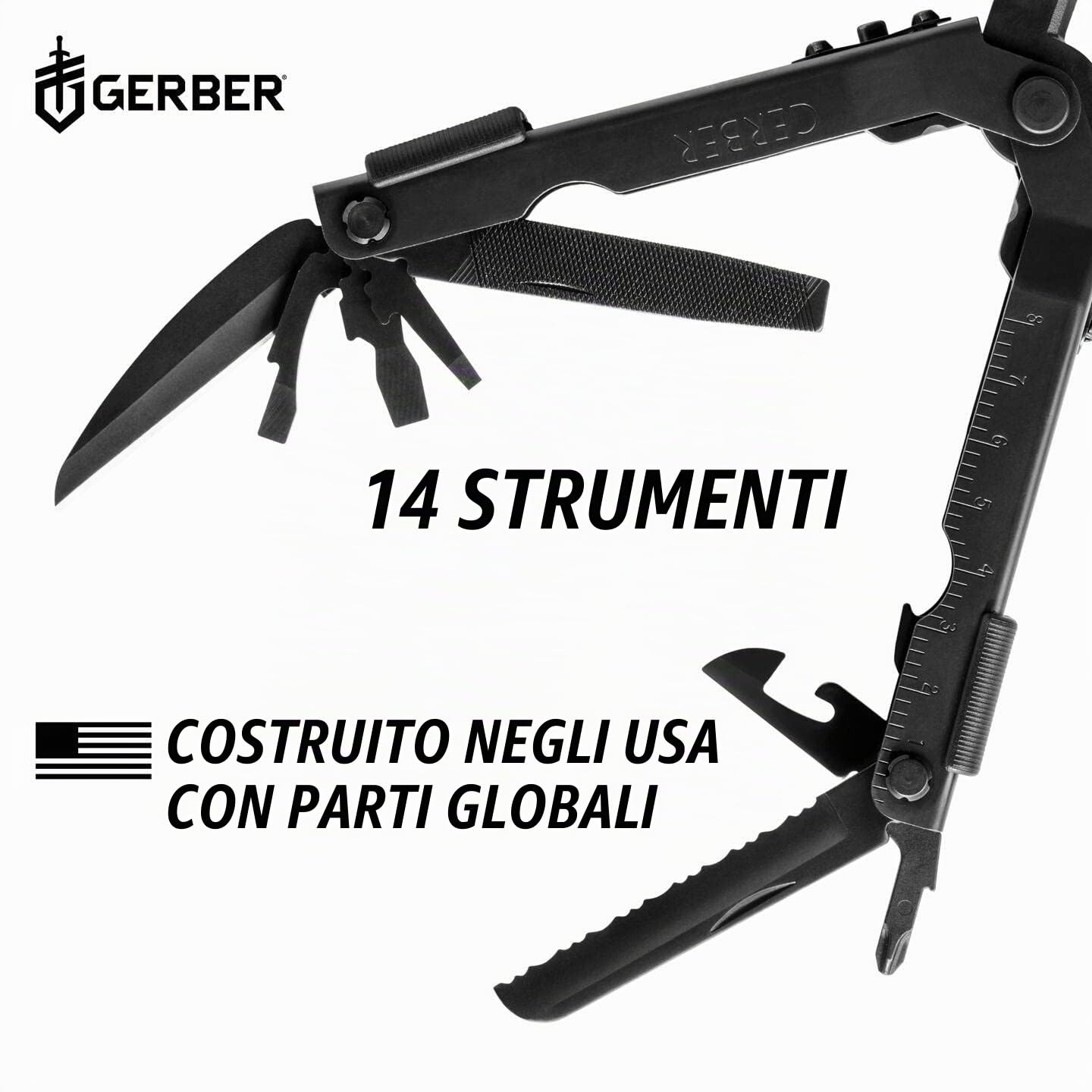 Gerber Multi-Tool con Due Coltelli e Fodero in Pelle, Mp600 Full-Size, con 14 Funzioni, Nero, 7550 | Con 14 Funzioni, Nero, 7550, 7550