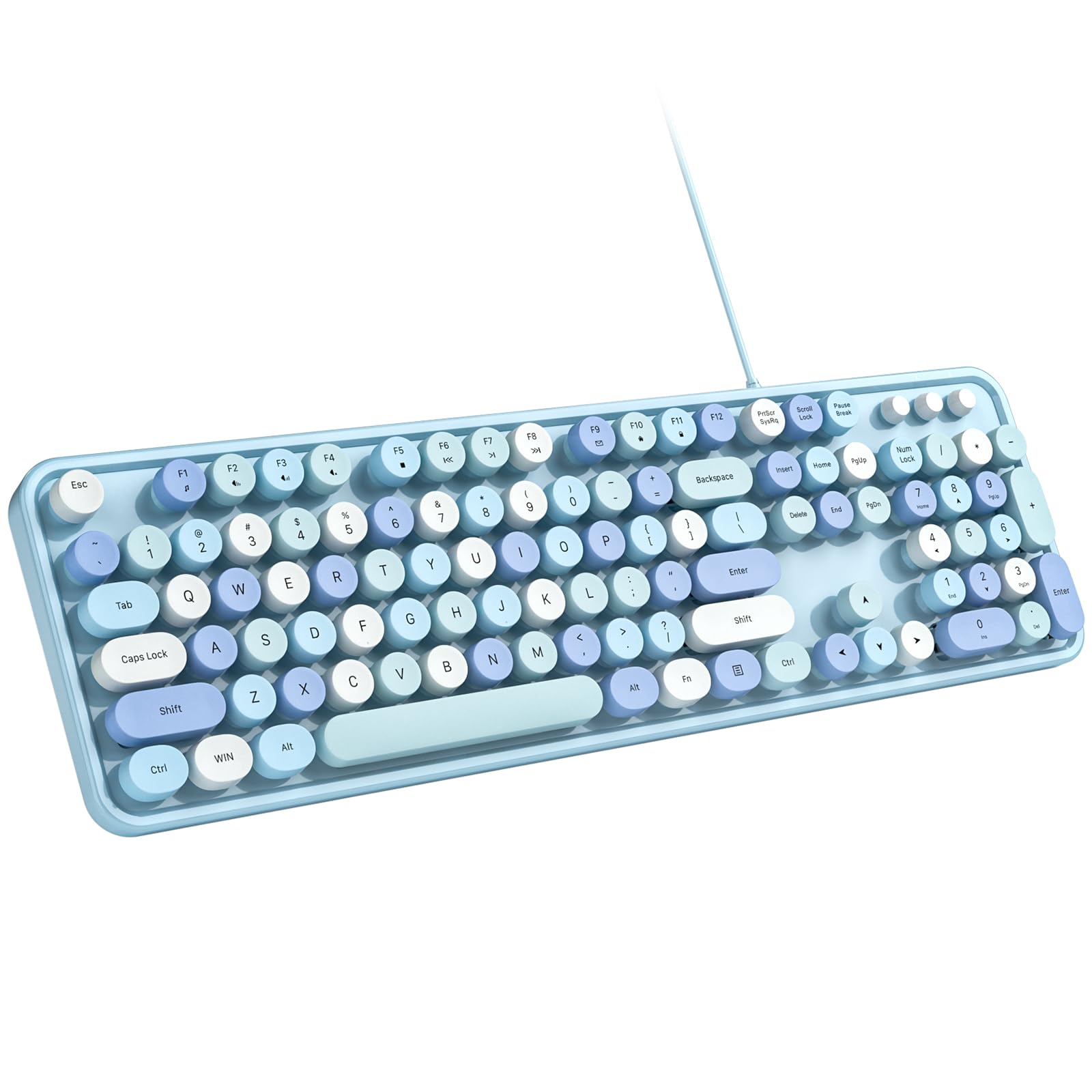 MOWUX Computer Keyboard Wired, Plug and Play USB Retro Round Typewriter Keyboard, Full Size Wired Keyboard with Foldable Stands for Laptop and Office PC- Blue Colorful