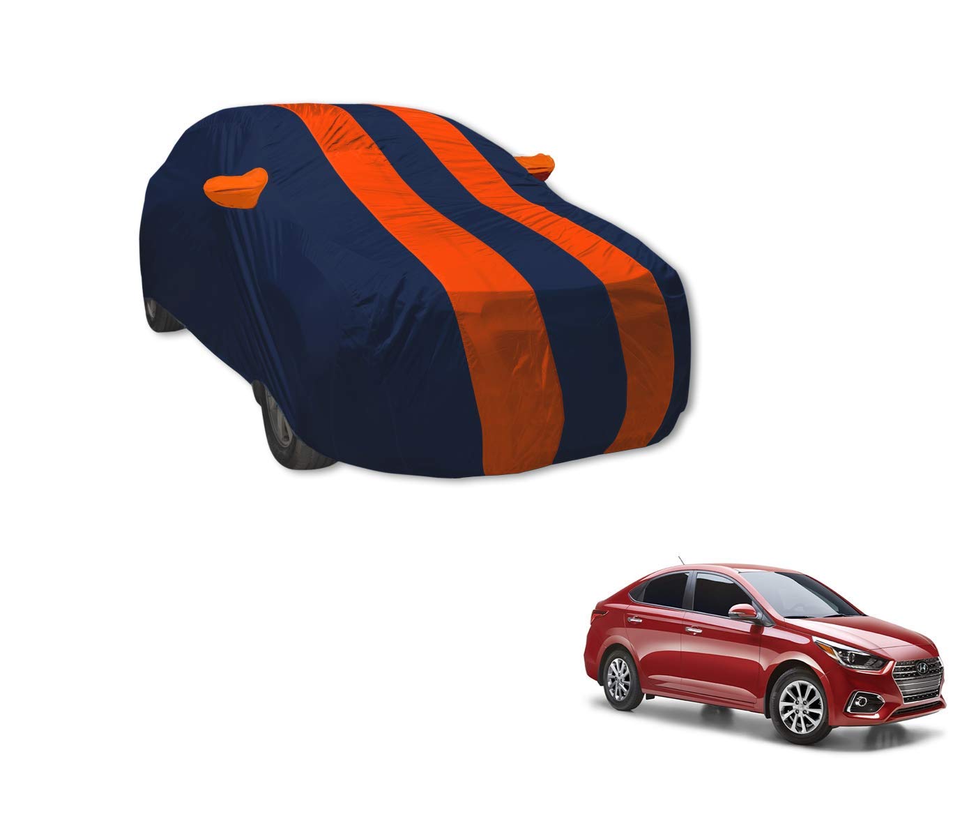 Auto Hub Car Cover Compatible with Hyundai Verna (Model : 2017-2022) with Mirror Pocket, Weather Proof, Triple Stitched, Verna Car Cover- Navy-Orange