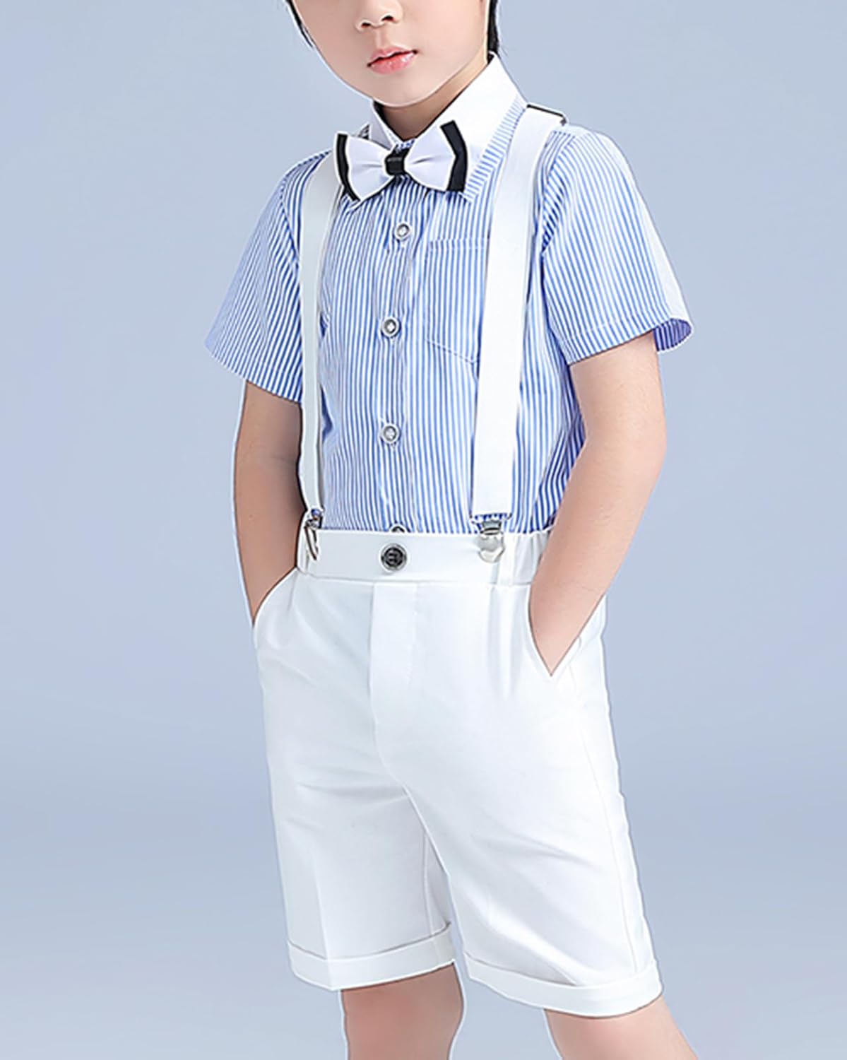 Baby Boy Gentleman Outfits Suits, Short Sleeve Dress Shirt+Bow Tie+Suspender Shorts Summer Wedding Outfits