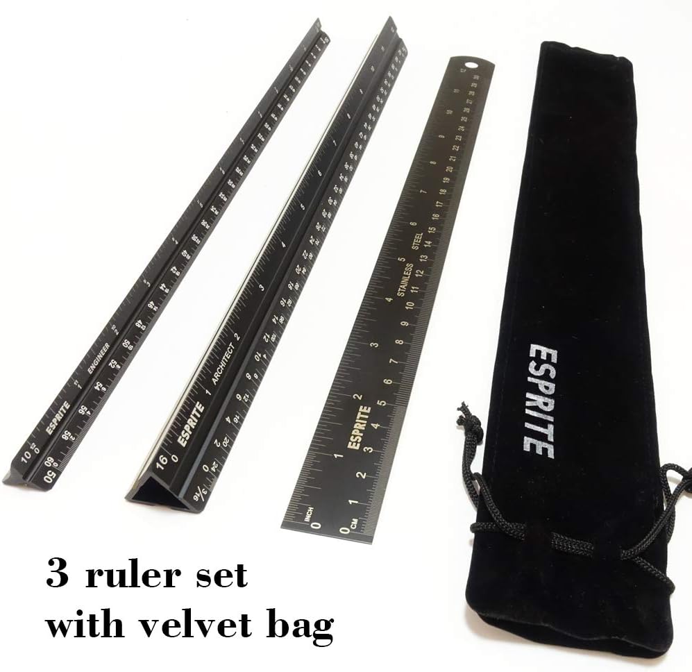 Vowcarol Architectural Scale Ruler, Engineering Scale and 12 inch Metal Ruler Set, Hollow Architecture Ruler with Solid Engineer Triangular, Laser Etched Metal Scale Rulers-3 PCS Lightweight : Office Products