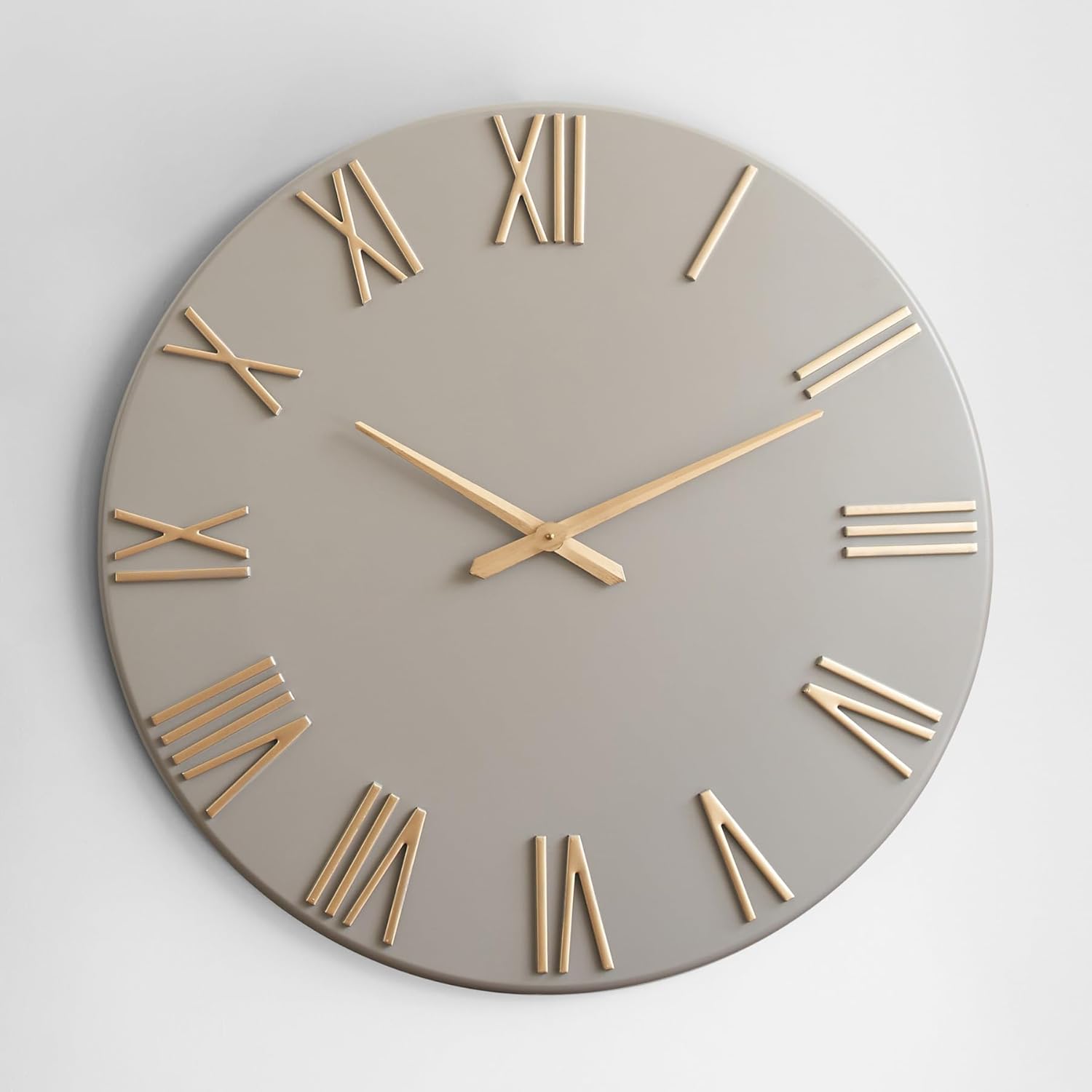 oversized modern wall clock - 30 inch, contemporary simple, cement gray, gold roman numerals, metal face, battery operated, minimalist decorative wall clock for living room, entryway, kitchen, office gray 30''