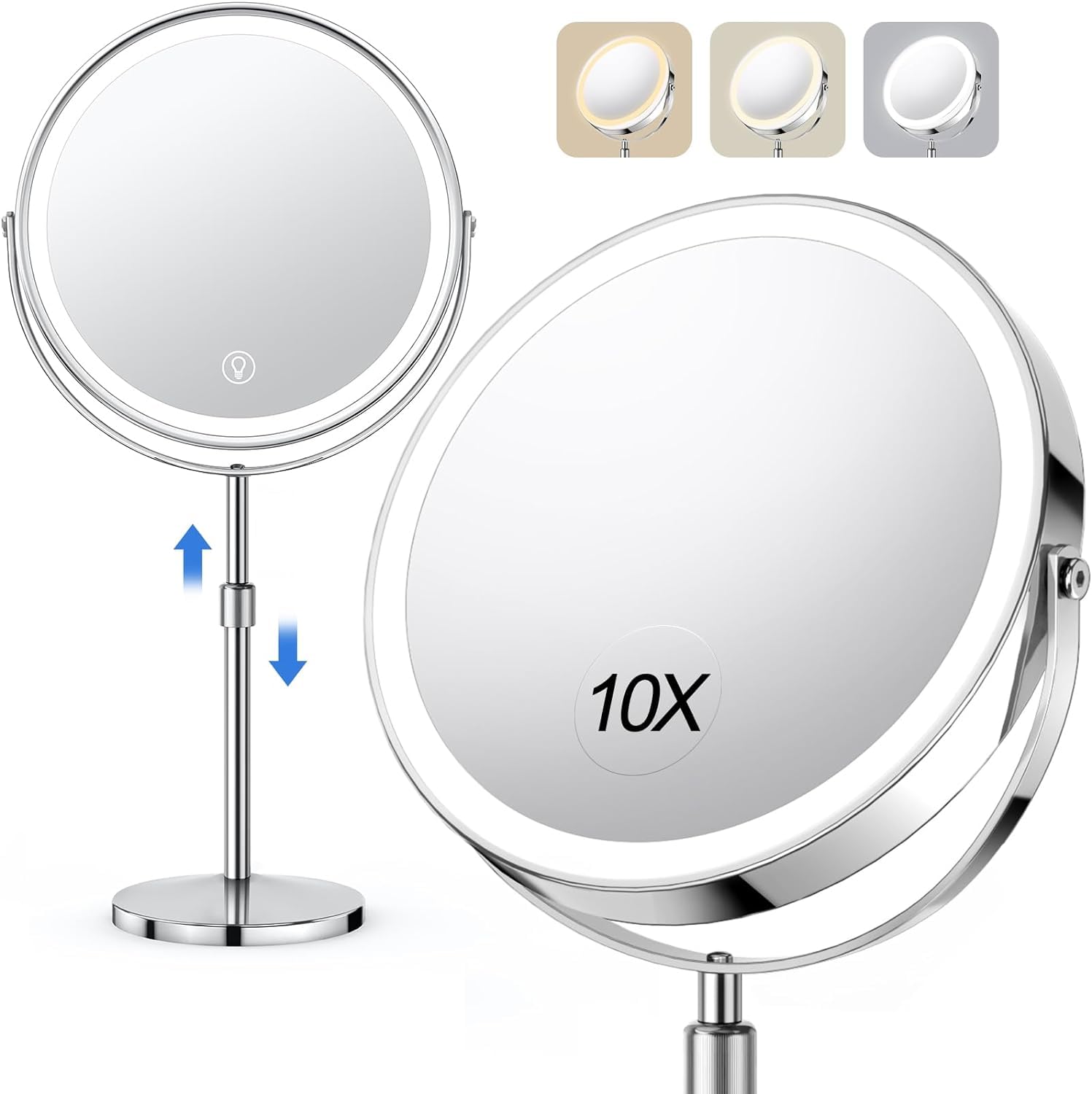 10x Large Lighted Makeup Mirror, Rechargeable 8" Height Adjustable Vanity Mirror, 1x/10x Magnifying Mirror with 3 Color, Brightness Adjustable, 360° Rotation Double Sided Mirror, Gift for Women