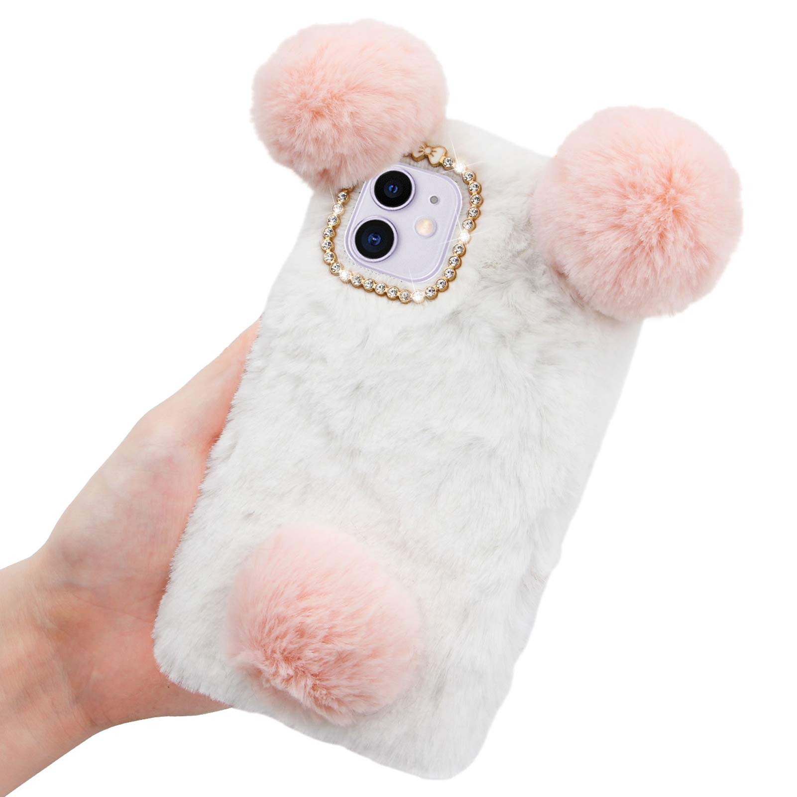 LCHDA Panda Case for Moto G Stylus 5G 2024, Cute 3D Furry Hairball Ears Fuzzy Soft Faux Fur Winter Warm Fluffy Plush Flexible TPU Bumper Shockproof Protective Cover with Bling Diamond - Pink & White
