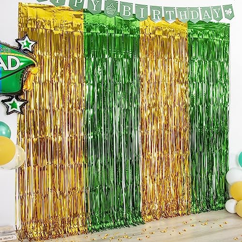 LOLStar 2 Pack Green and Gold Graduation Party Decoration 2023, 3.3x6.6 ft Foil Fringe Curtains, Tinsel Backdrop, Graduation Photo Booth Prop Streamer Backdrop for High School College University Party