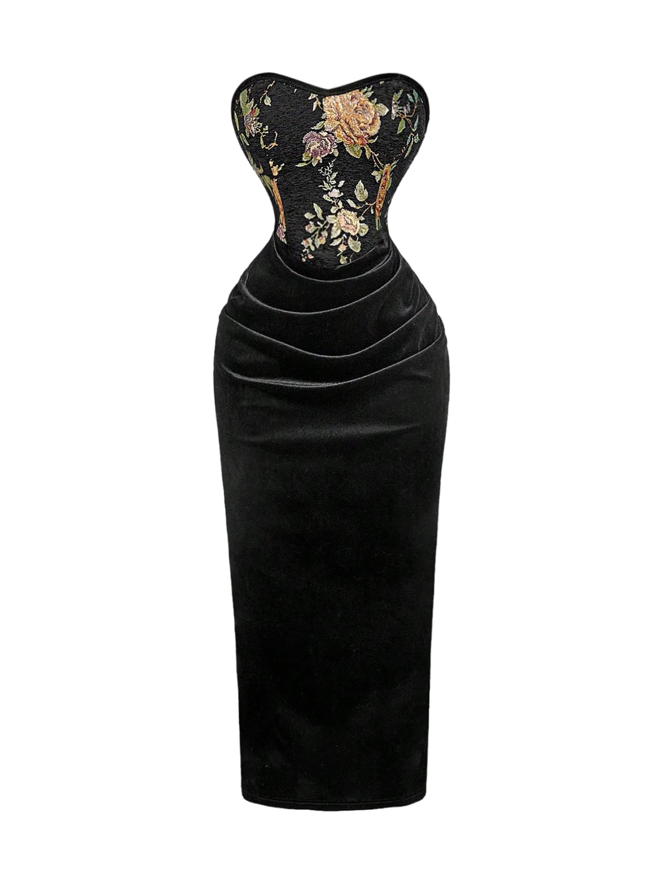 Women's Vintage Floral Tube Maxi Dress Strapless Ruched Bodycon Wedding Guest Party Dresses