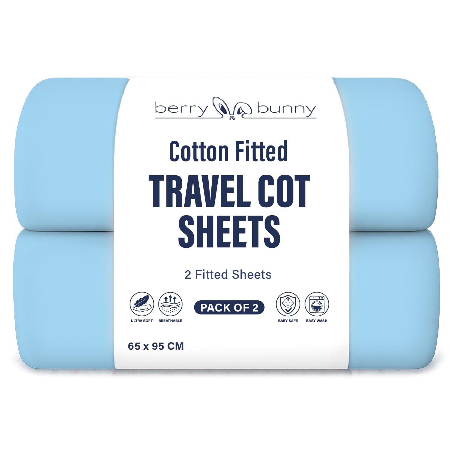 Berry and Bunny 100% Cotton Travel Cot Sheets Pack of 2, Soft Breathable Baby Fitted Sheets 65 x 95 cm, Elasticated Mattress Protector Cover, Deep Fit Baby Bedding All Seasons โ image 1