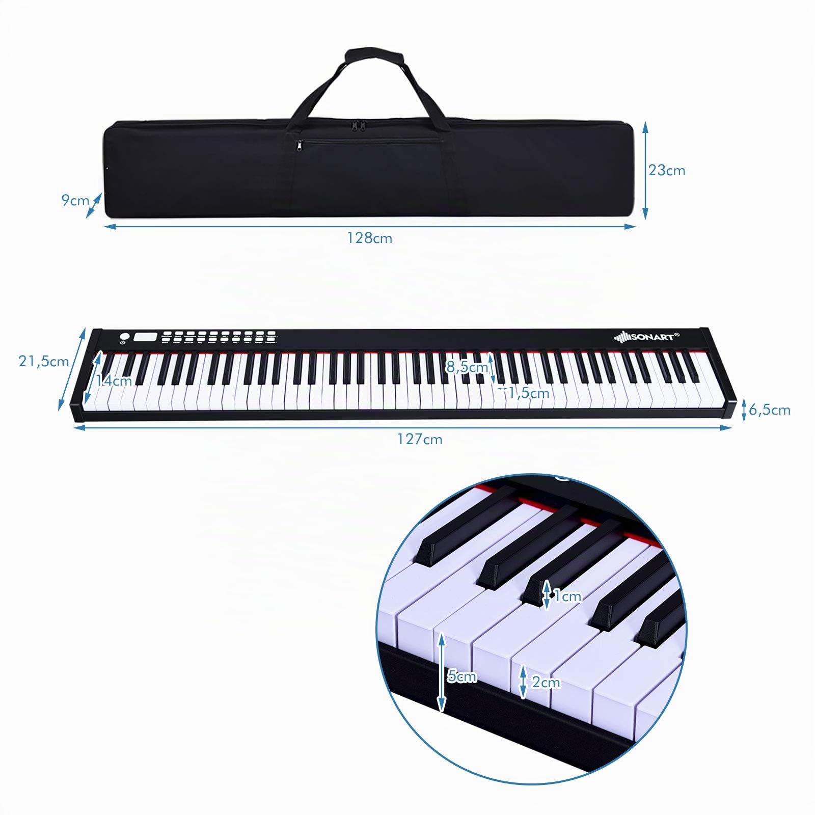 RELAX4LIFE Pianoforte Digitale Portatile con 88 Tasti Illuminati, Custodia, Leggio, Modalità di Insegnamento,MP3/USB/MIDI/Bluetooth (NERO)