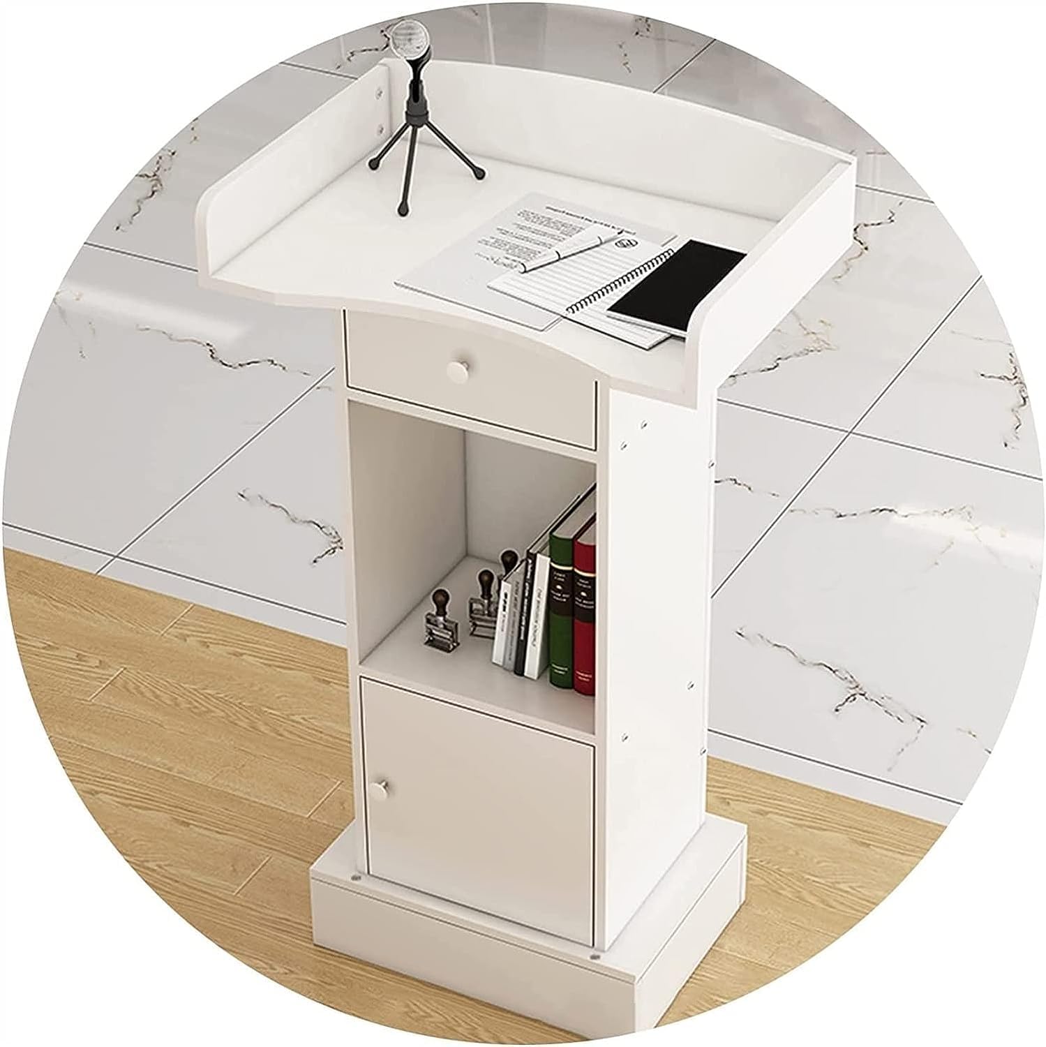 Adjustable Podium Stand for Conferences & Churches - Density Board Lectern with Open Storage - Teacher Podium Table (White) - Professional Presentation & Speech Support