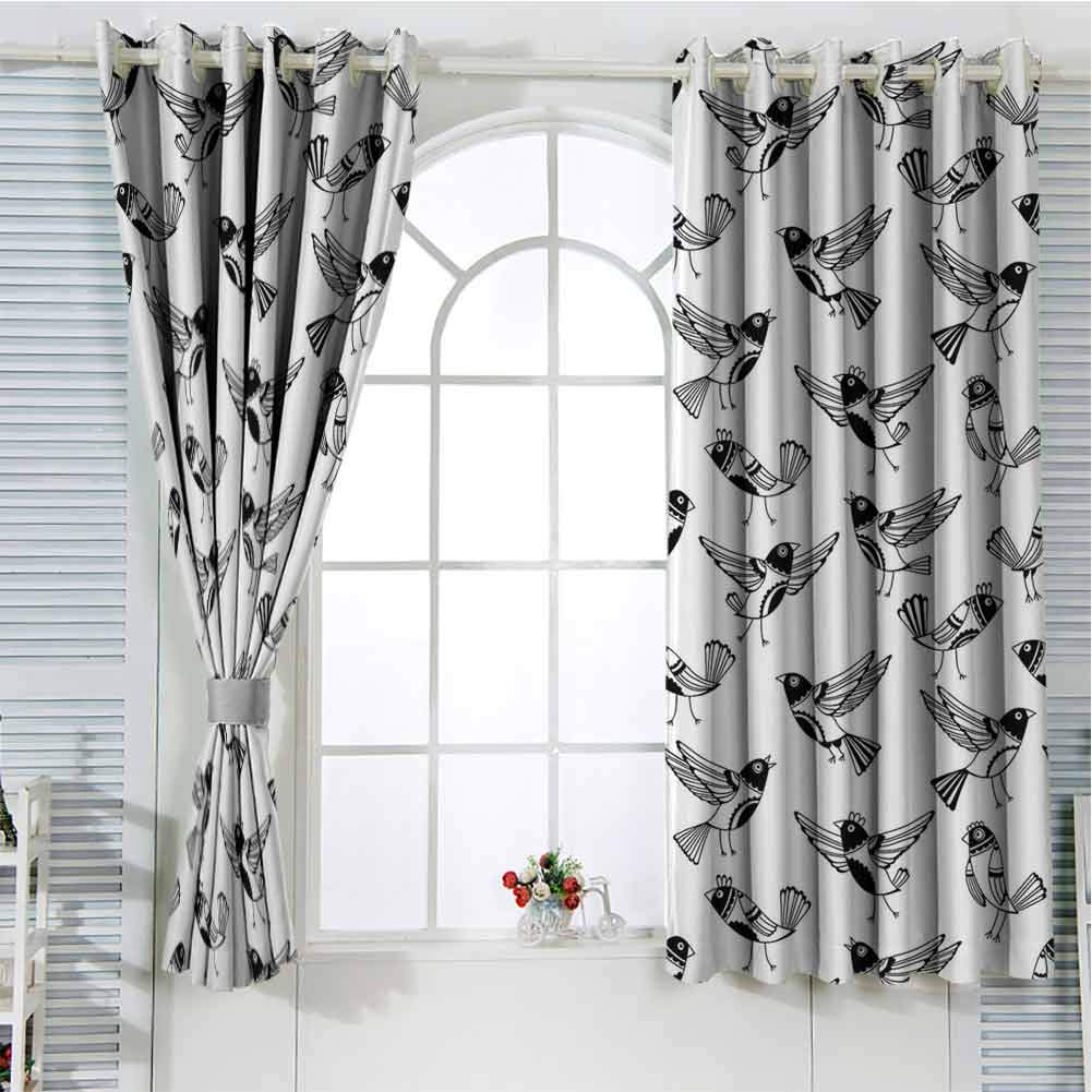hengshu Black and White Blackout Curtains for Bedroom Doodle Style Sketch Childrens Cartoon Birds with Funny Curious Expressions Thermal Insulated Soundproof Curtain W100 x L63 Inch Black White