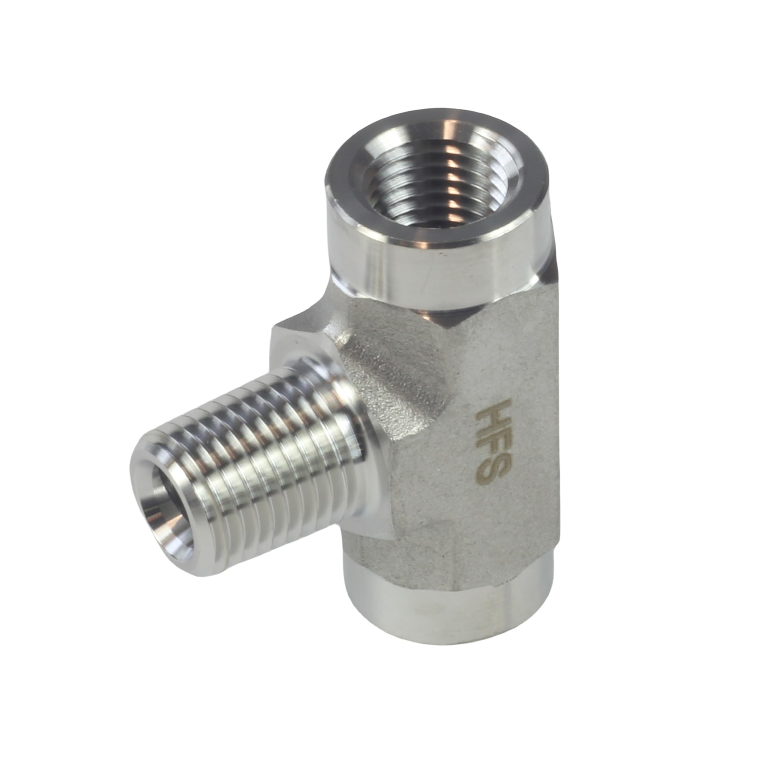 Conector TEE 1/4 NPT H-M-H de 3 vías en acero inoxidable para control de fluidos