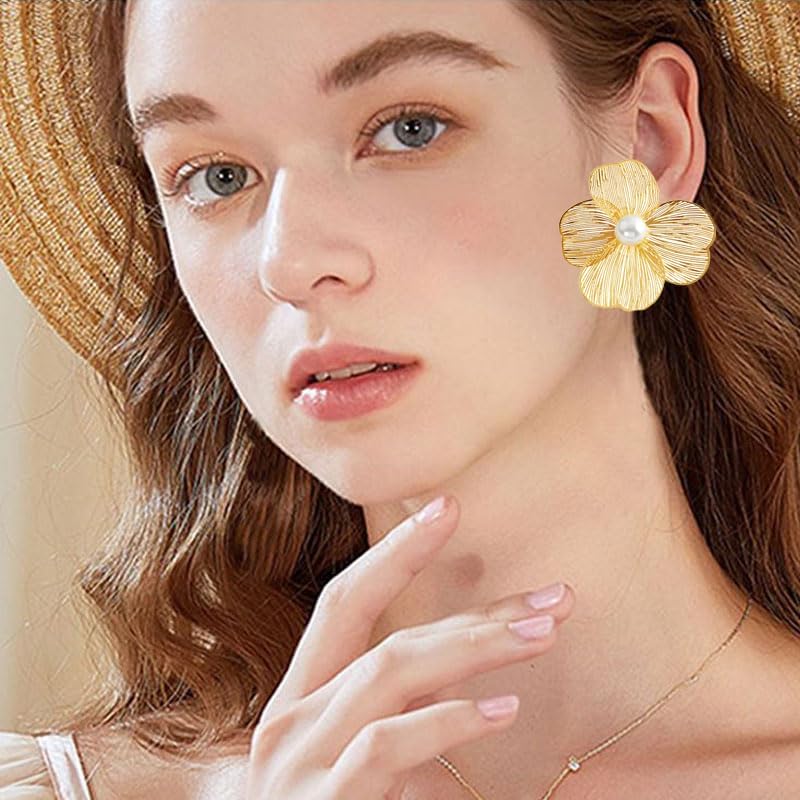 Boho Gold Flower Pearl Stud Earrings for Women Bohemia Vintage Large Floral Stud Earrings Exaggerated Long Statement Flower Metal Earring Charm Jewelry - Image 3