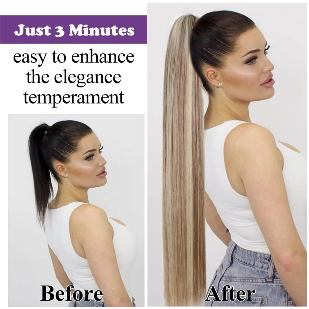 Extensión de cola de caballo, Extensión de cola de caballo con cordón y clip for mujer - Postizo liso de rubio castaño dorado(22inch)