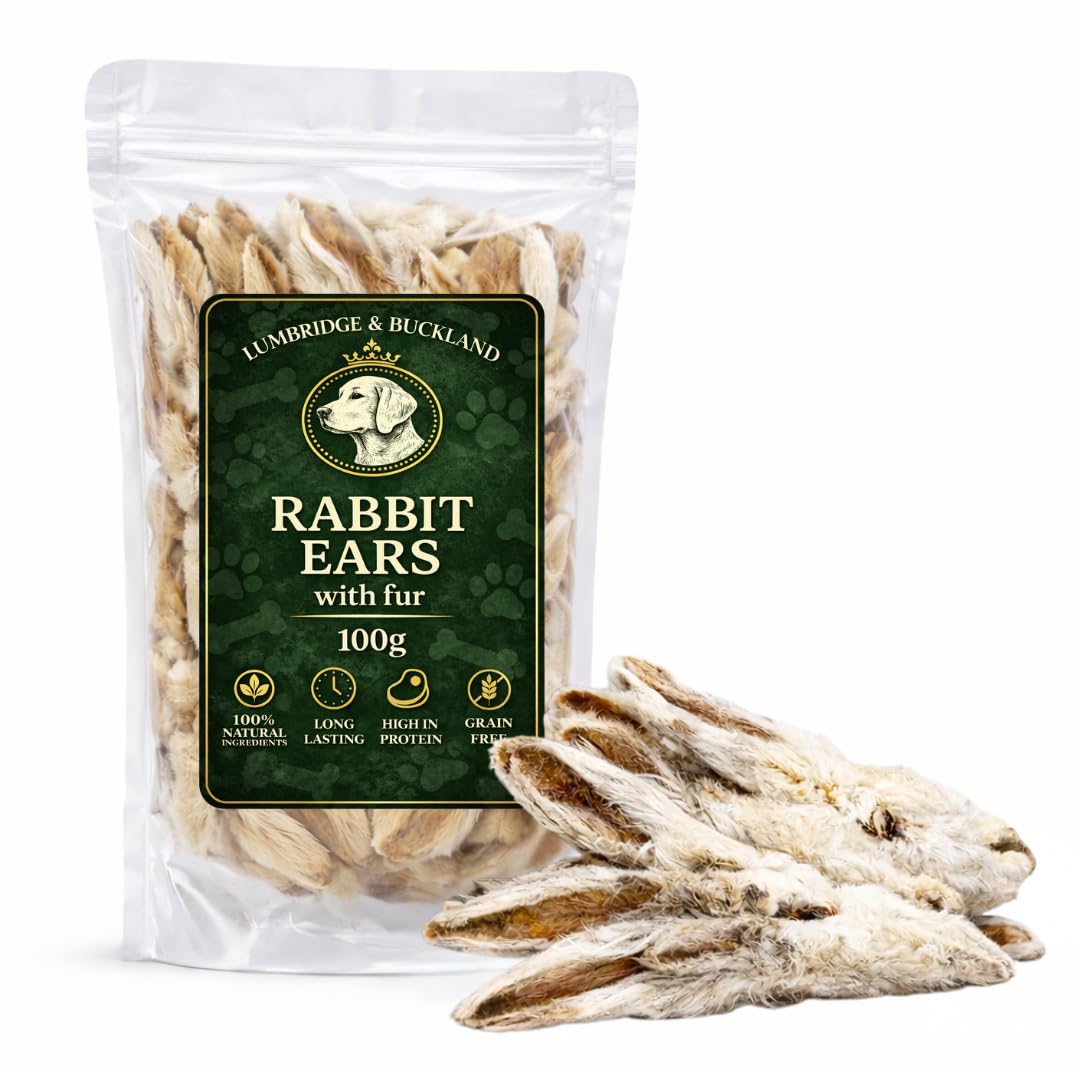 Premium Natural Rabbit Ears with Fur for Dogs – 100G, 100% Natural Dog Treats, Grain Free, Hypoallergenic, Healthy Low Fat Dog Chews, Long Lasting Natural Treats for All Breeds (100G)