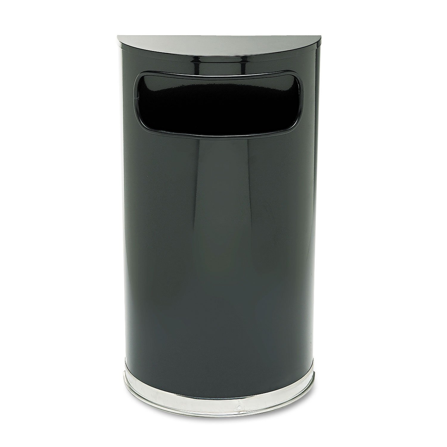 Rubbermaid Commercial Products European Metallic Series Receptacle Half-Round Trash Can 9-Gallon Black Chrome Side Opening Indoor Outdoor Waste