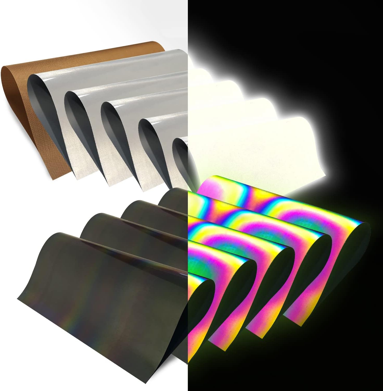 Rainbow Reflective Heat Transfer Vinyl Sheets HTV 11 Packs 12"x10" White Reflective Iron On Vinyl for T-Shirt Contains Teflon(Rainbow Reflective)