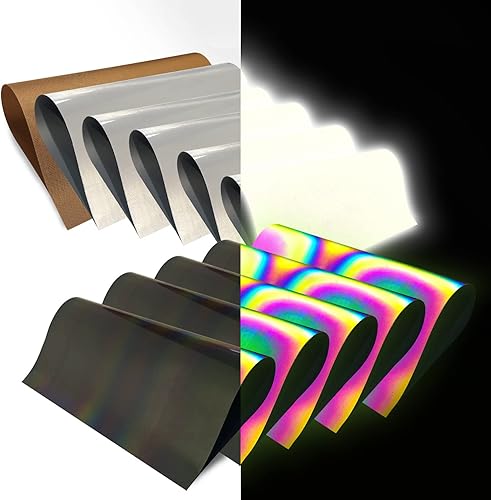 Hojas de vinilo reflectante de transferencia de calor arcoíris HTV 11 paquetes de 12 x 10 pulgadas, vinilo reflectante blanco para planchar para