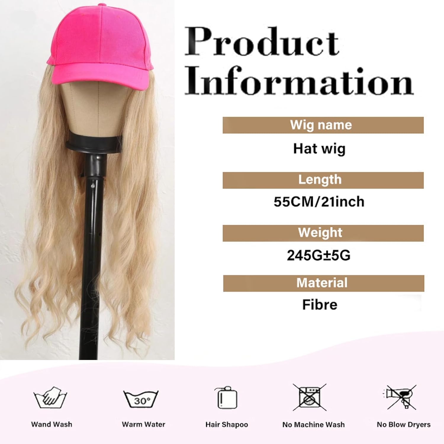 Sun Hat Wig for Women Baseball Cap with Hair Extensions Attached 22" Long Wavy Straight Hairpieces Synthetic Wig