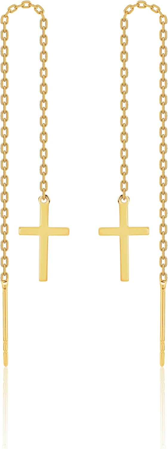 Sterling Silver Earrings Cross Threader for Women | Minimalist Chain Earrings Double Piercings | Dangle Earrings (Gold-plated sterling silver)