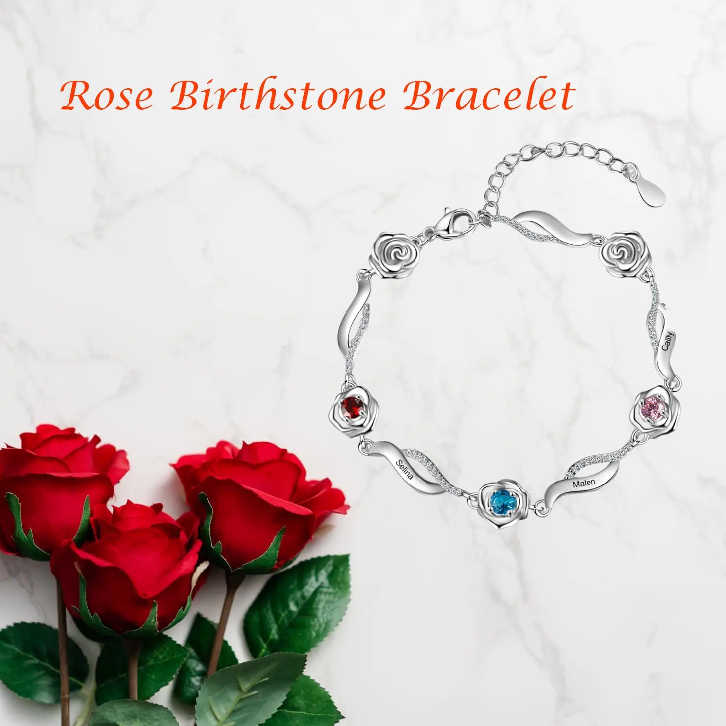 Personalized Mothers Bracelet with 1-5 Name Birthstones Rose Flower Bracelets for Women Name Initial Engraved for Women Mom Mother's Day Christmas Gifts