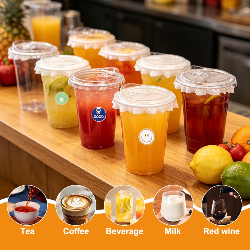 50 bicchieri di plastica trasparente con coperchi e cannucce, 500 ml, bicchieri da caffè in plastica con adesivi fai da te e carta a prova di perdite, per frappè freddo, frullati, caffè