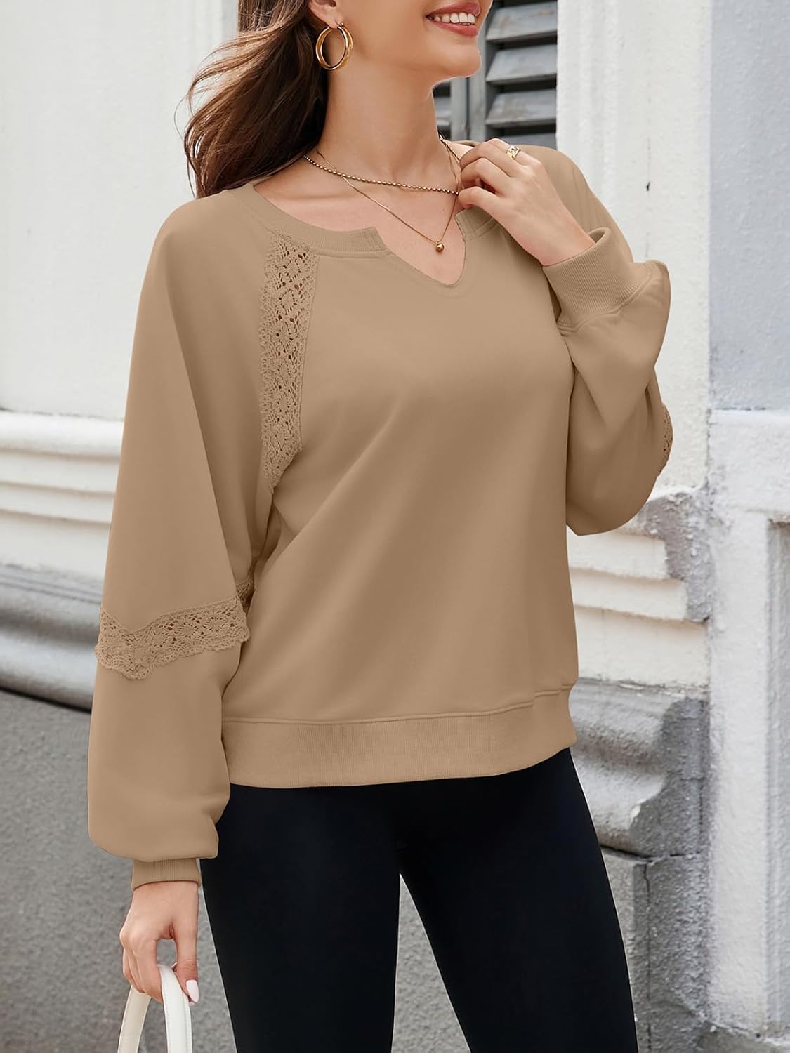 Womens Oversized Sweatshirts V Neck Lace Crochet Lantern Long Sleeve Pullover Cropped Tops Fall Outfits Clothes - Image 3