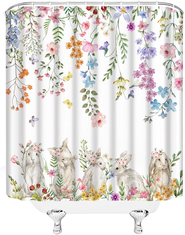 Easter Shower Curtain Happy Easter Bunny Eggs Tulip Flowers Spring Holiday Fabric Home Bathroom Decor with Hook(84" Wx70 H)