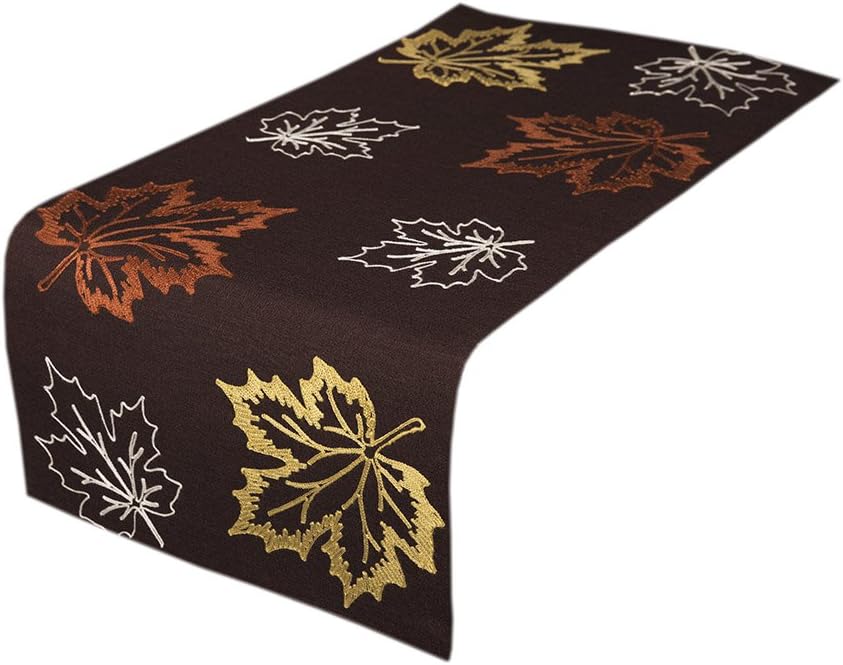 Rustic Autumn Embroidered Fall Table Runner, 16 by 36-Inch, Coffee