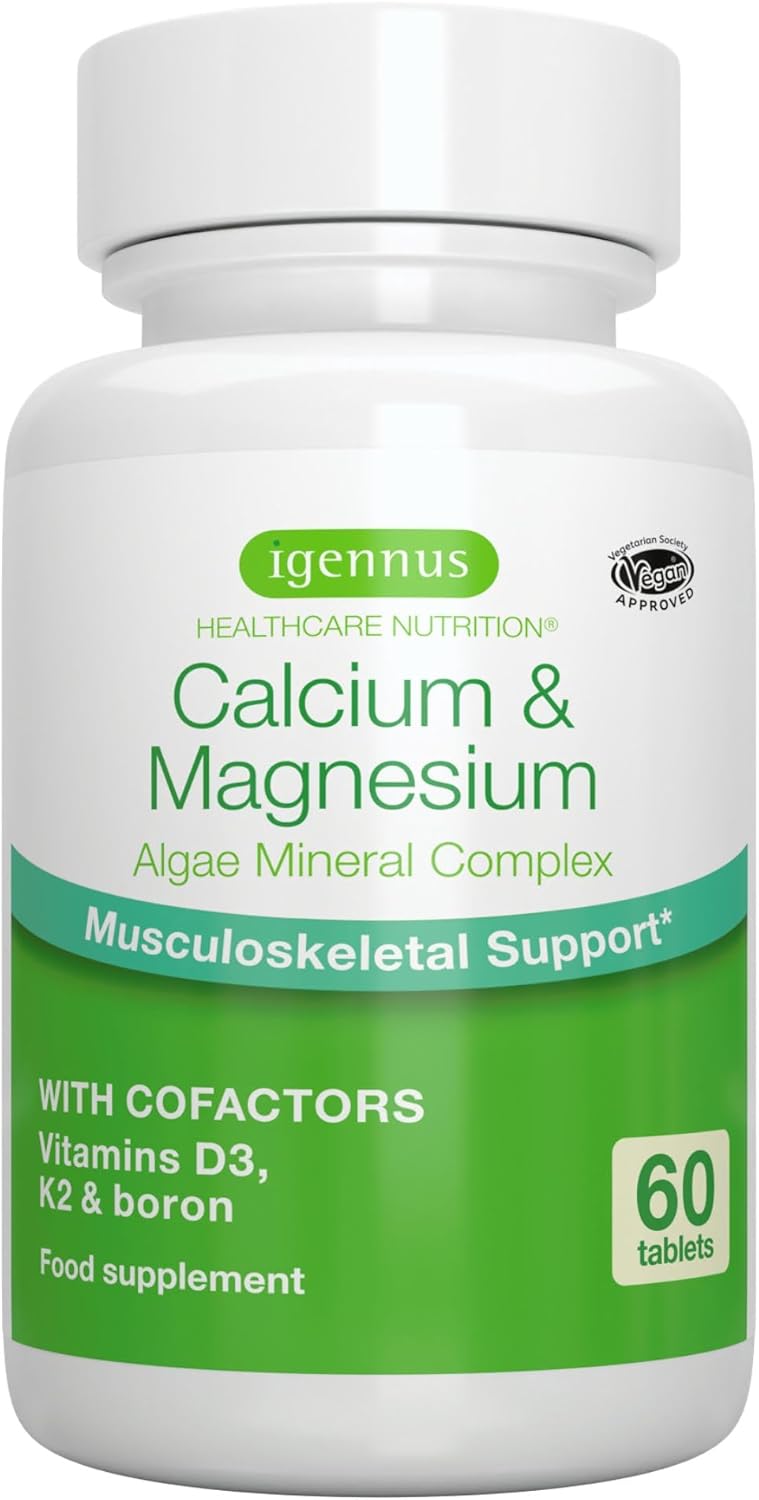 Calcium & Marine Magnesium – Mineral Complex with Vitamin D3, K2 and Bore, for Bone Health, 100% Vegan, No Additives, 60 Tablets – by Igennus