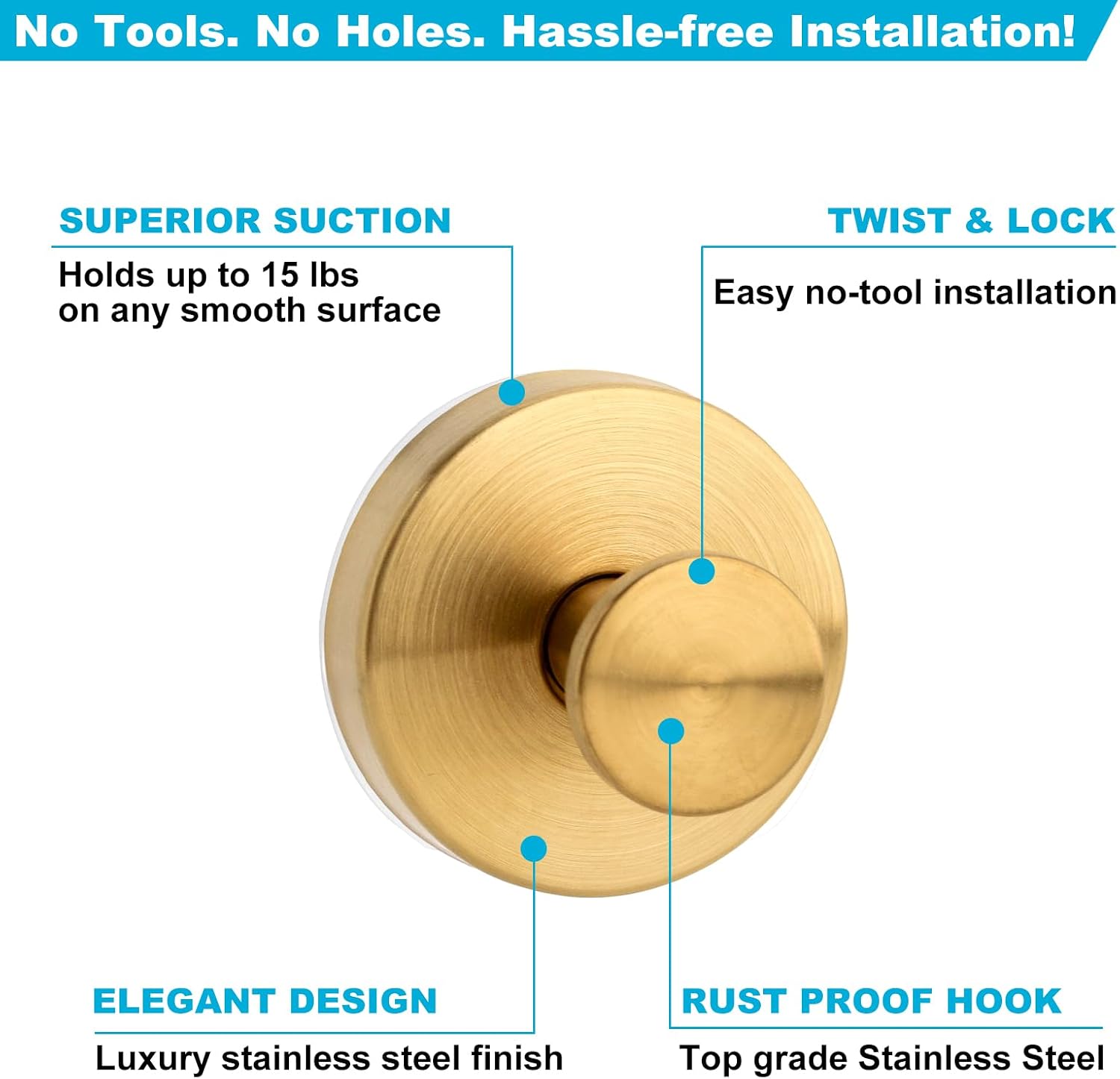 Suction Cup Hooks for Shower, Towel Hooks for Bathroom, Kitchen, Glass Door, Mirror, Tile, – Loofah, Towel, Bath Robe Hooks for Hanging up to 15 lbs, Brushed Gold (2 Packs) image 4