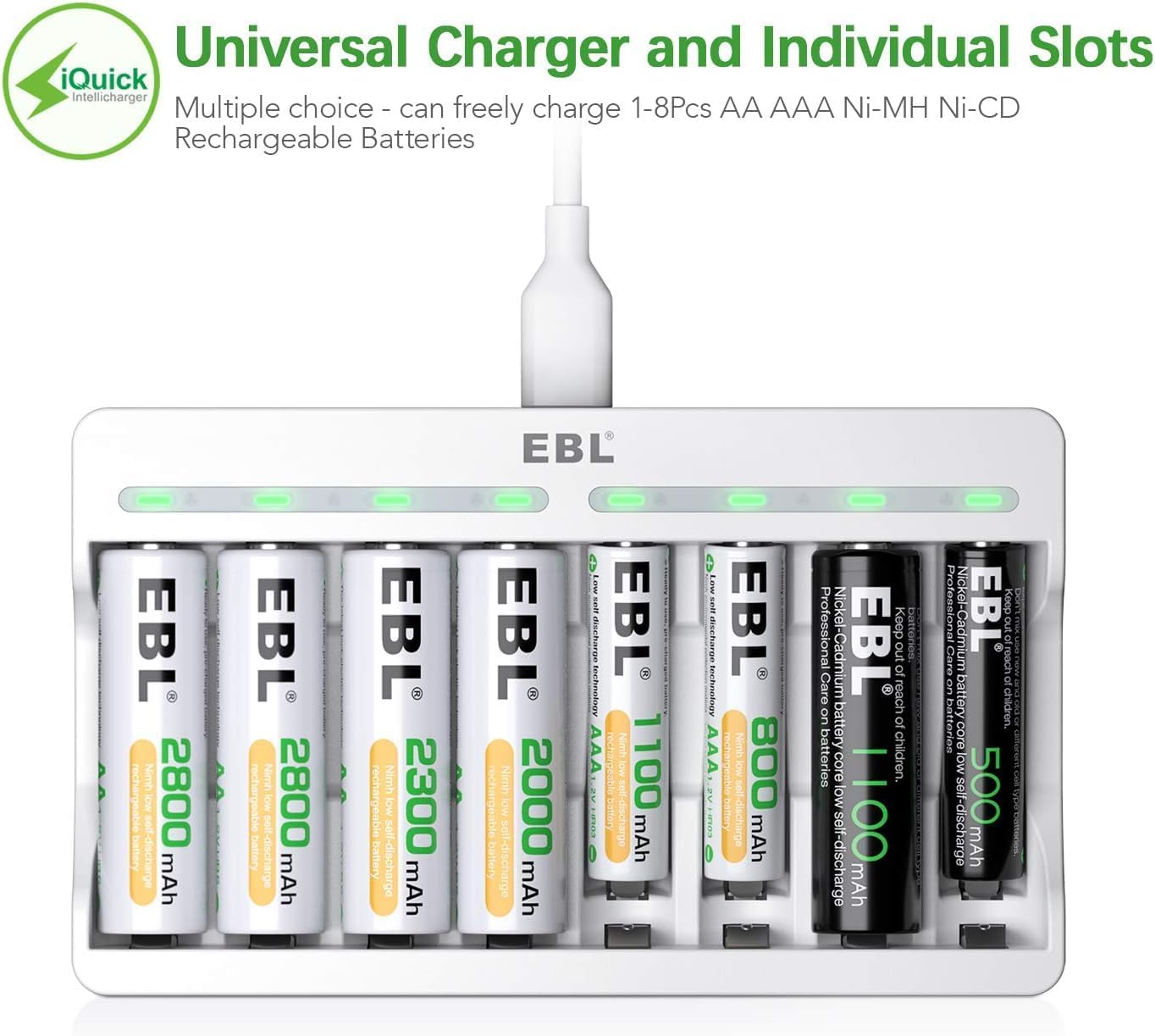EBL Rechargeable AAA Batteries with Camcorder Battery Charger, 1100mAh NiMH, 1.2V, Recharge up to 1200x Times, Triple A Batteries for Remote Cordless Phone (16 Pack)